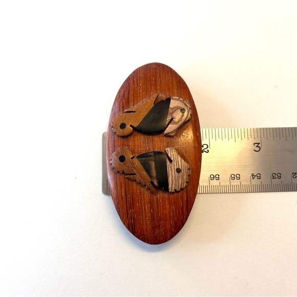 Rare Vintage Wooden Hair Barrette Oval Wooden Disk With Two Sea Horses - Picture 15 of 16